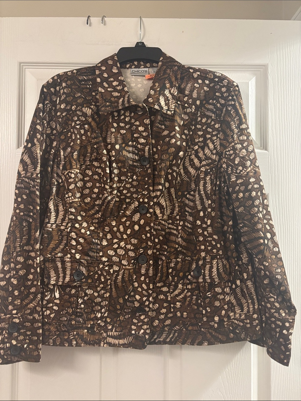 Chico's Brown and Gold Metallic Print Button Jacket